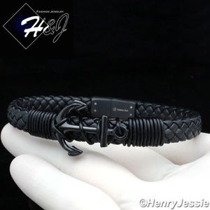 8.25"Black Anchor Braided Leather Bracelet*BB87